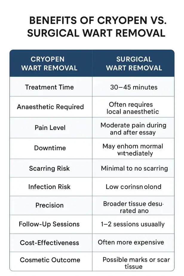 Table showing the benefits of cryopen to remove warts Leigh-on-Sea compared to surgical treatment